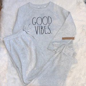 NEW Rae Dunn Good Vibes heather gray fleece lined pajama jogger set medium